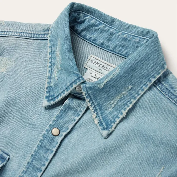 Distressed Denim Western Shirt Blue Men Stetson Modern Cut