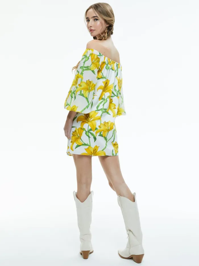 Dresses Women Alice Olivia ARTEMIS OFF THE SHOULDER BLOUSON TIE SLEEVE MINI DRESS Stargazer Multi Lg