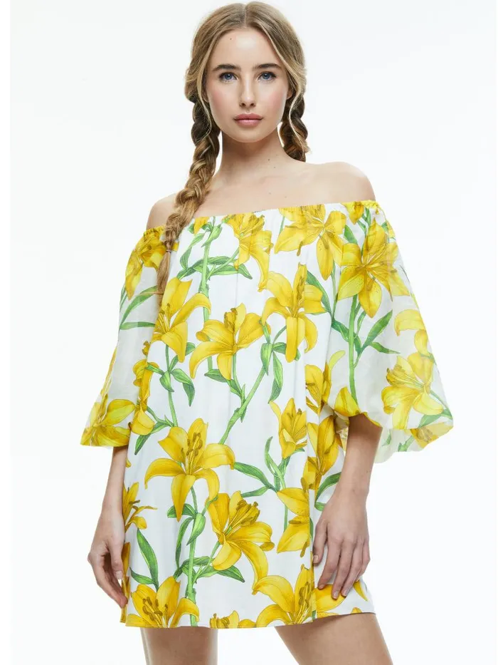 Dresses Women Alice Olivia ARTEMIS OFF THE SHOULDER BLOUSON TIE SLEEVE MINI DRESS Stargazer Multi Lg