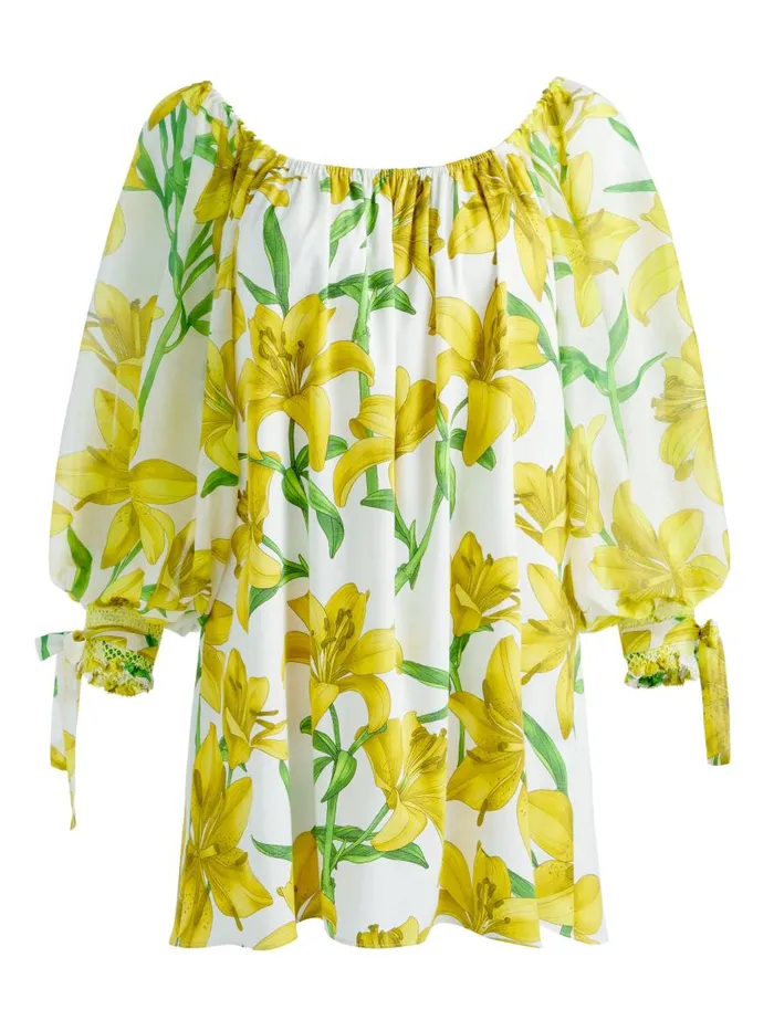Dresses Women Alice Olivia ARTEMIS OFF THE SHOULDER BLOUSON TIE SLEEVE MINI DRESS Stargazer Multi Lg