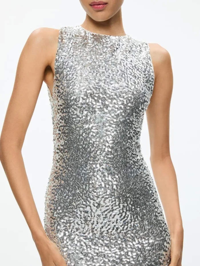 Dresses Women Alice Olivia CELIA SEQUIN COWL TIE BACK MINI DRESS Champagnepale Silver