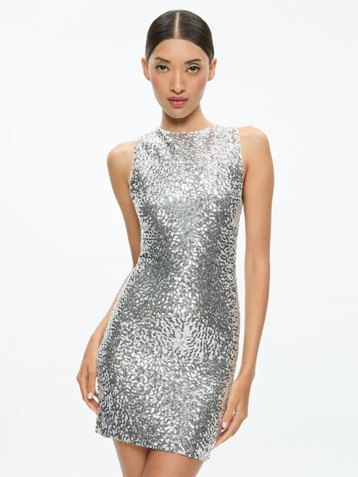 Dresses Women Alice Olivia CELIA SEQUIN COWL TIE BACK MINI DRESS Champagnepale Silver