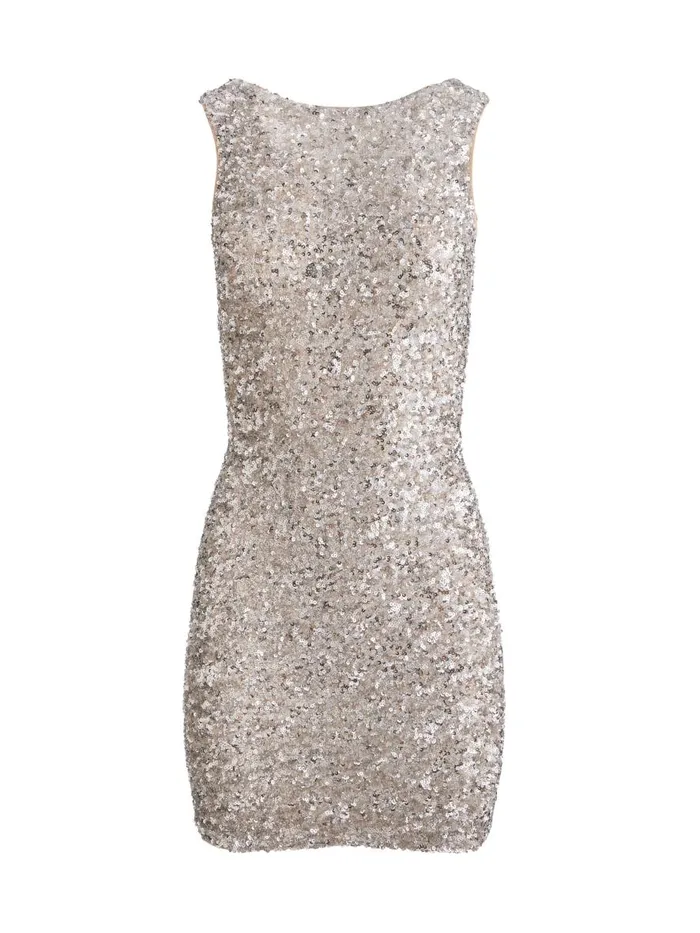 Dresses Women Alice Olivia CELIA SEQUIN COWL TIE BACK MINI DRESS Champagnepale Silver