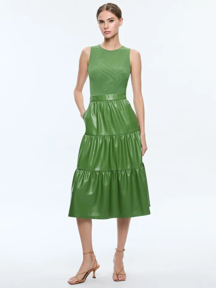 Dresses Women Alice Olivia CHARA VEGAN LEATHER SLEEVELESS TIERED MIDI DRESS Avocado Dresses Women Alice Olivia CHARA VEGAN LEATHER SLEEVELESS TIERED MIDI DRESS Avocado
