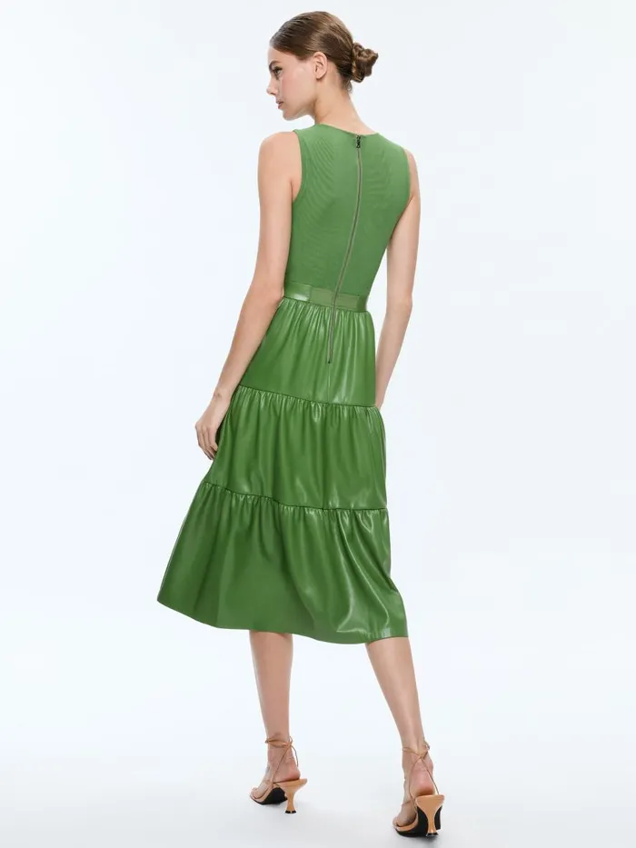 Dresses Women Alice Olivia CHARA VEGAN LEATHER SLEEVELESS TIERED MIDI DRESS Avocado