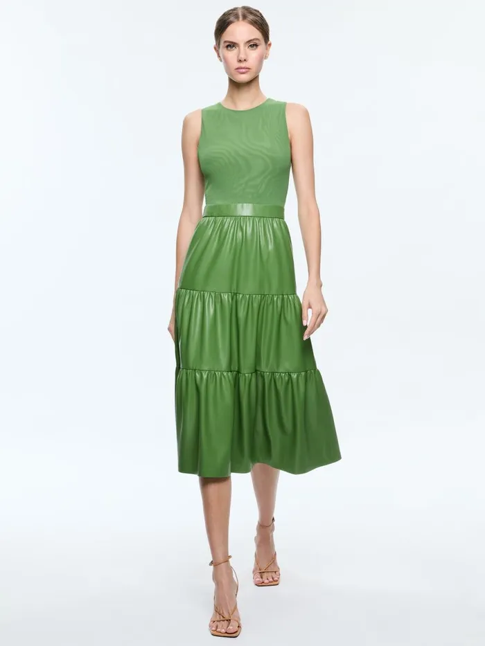 Dresses Women Alice Olivia CHARA VEGAN LEATHER SLEEVELESS TIERED MIDI DRESS Avocado