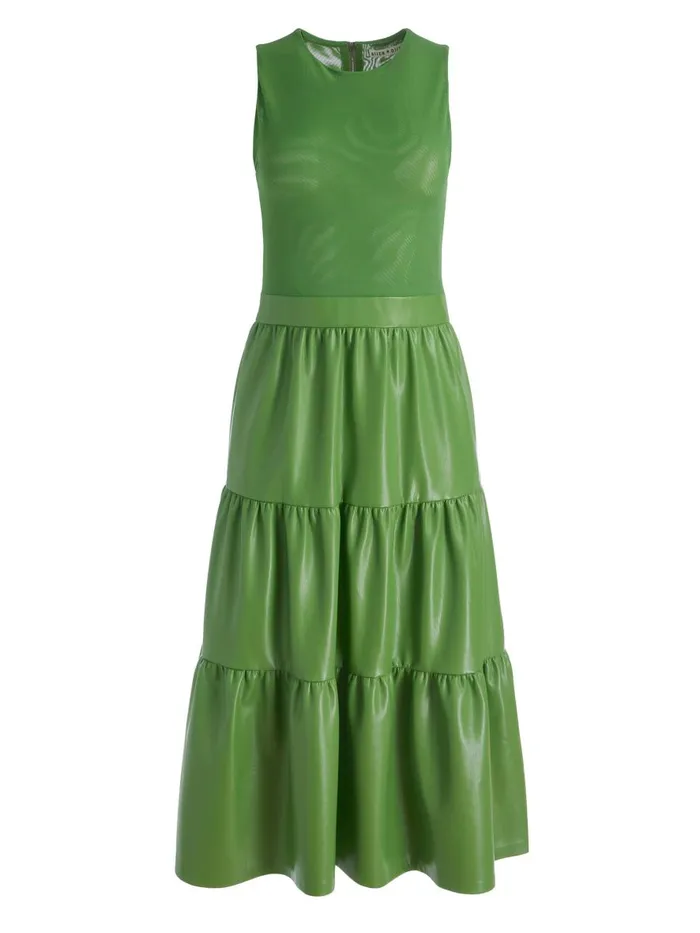 Dresses Women Alice Olivia CHARA VEGAN LEATHER SLEEVELESS TIERED MIDI DRESS Avocado