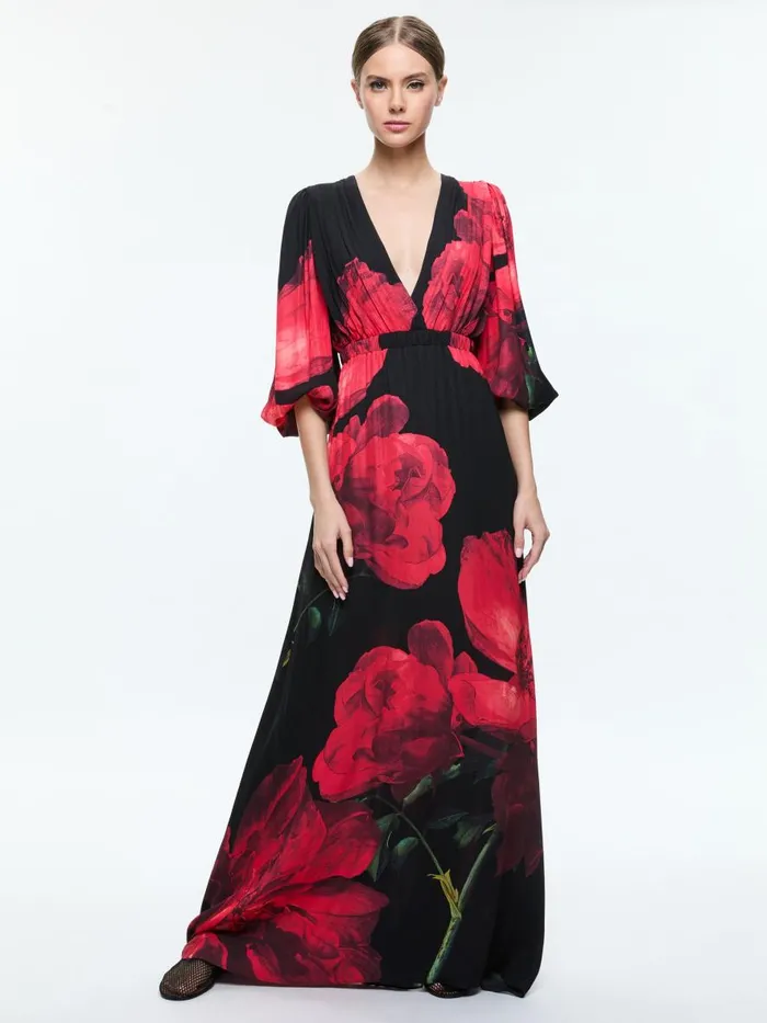 Dresses Women Alice Olivia CLARISSA DEEP V GODET MAXI DRESS Peony Petals Bright Ruby Dresses Women Alice Olivia CLARISSA DEEP V GODET MAXI DRESS Peony Petals Bright Ruby