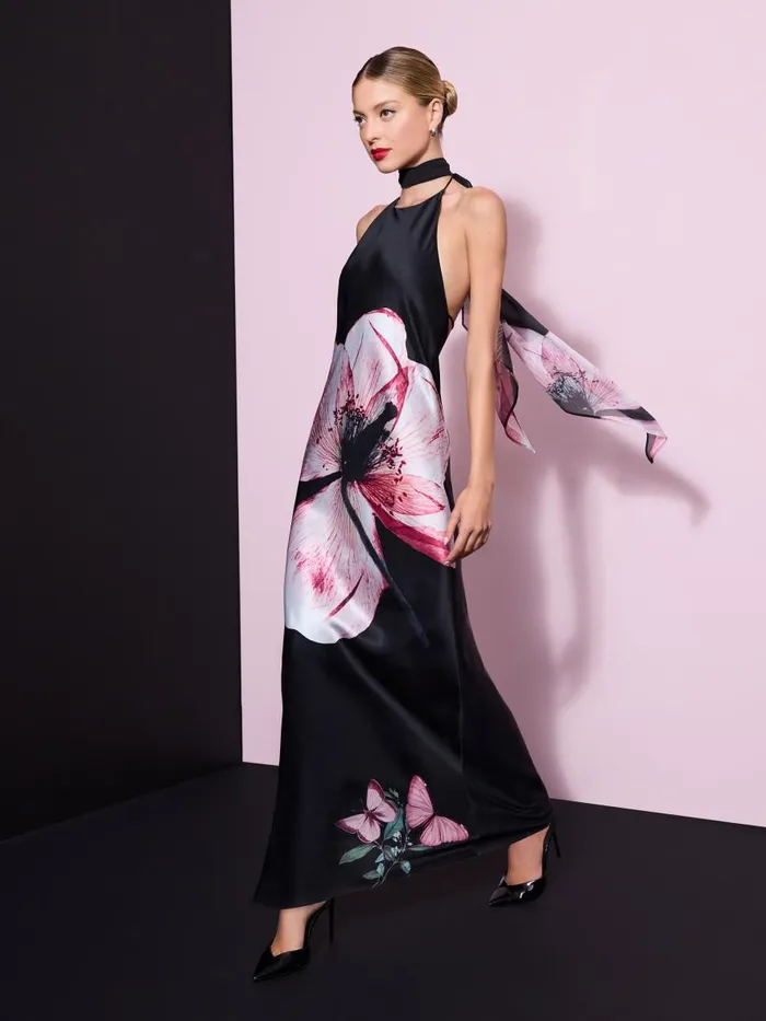 Dresses Women Alice Olivia MONTANA COWL STRAP BACK MAXI GOWN WITH SCARF Luna Floral
