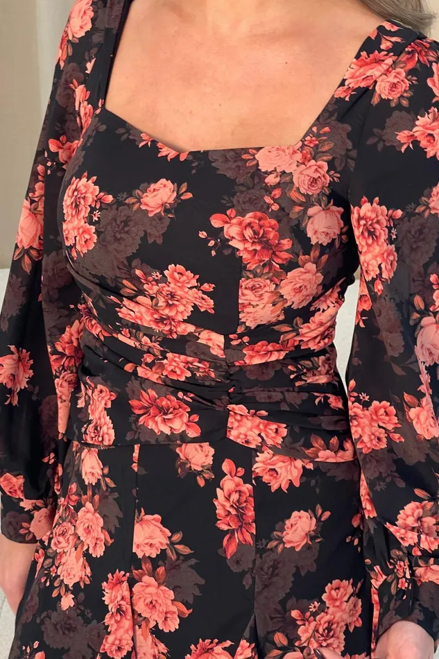 Effie Long Sleeve Sweetheart Neckline Mini Dress In Black Floral Women Girl In Mind Mini Dresses