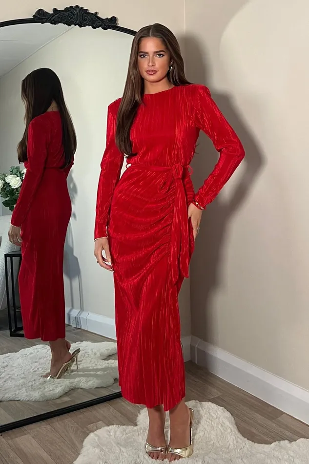 Elena Long Sleeve Ruched Seamed Midi Dress Red Women Girl In Mind Midi Dresses Elena Long Sleeve Ruched Seamed Midi Dress Red Women Girl In Mind Midi Dresses