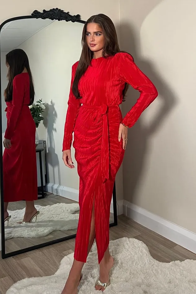 Elena Long Sleeve Ruched Seamed Midi Dress Red Women Girl In Mind Midi Dresses