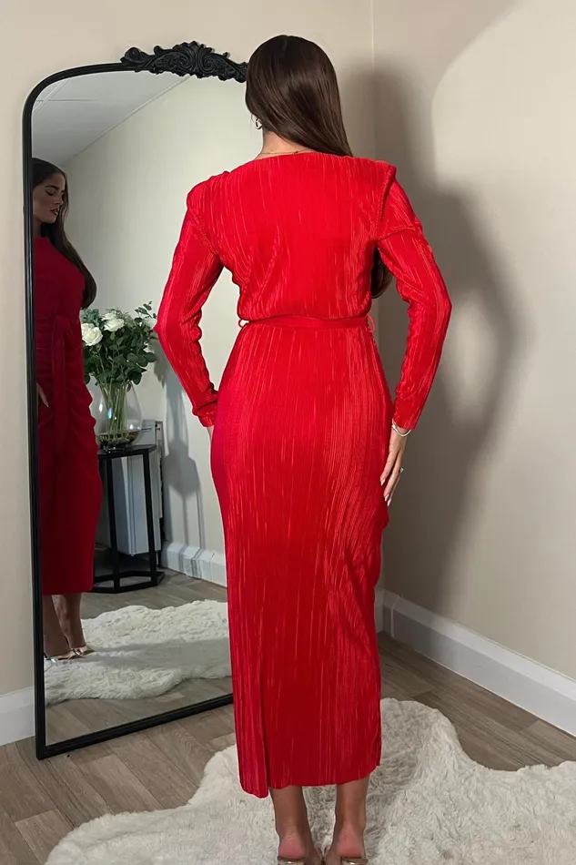 Elena Long Sleeve Ruched Seamed Midi Dress Red Women Girl In Mind Midi Dresses