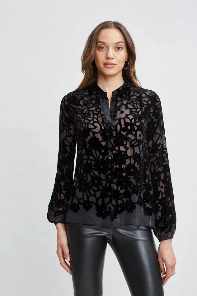 Elie Tahari Burnout Silk Velvet Burnout Shirt Black Women Tops