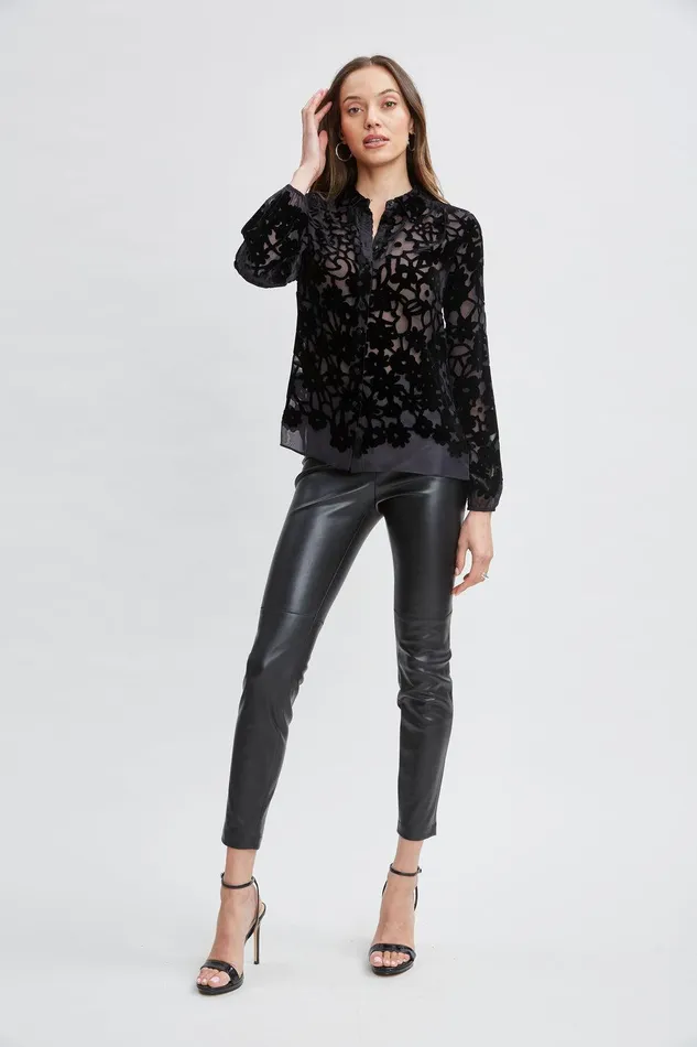 Elie Tahari Burnout Silk Velvet Burnout Shirt Black Women Tops