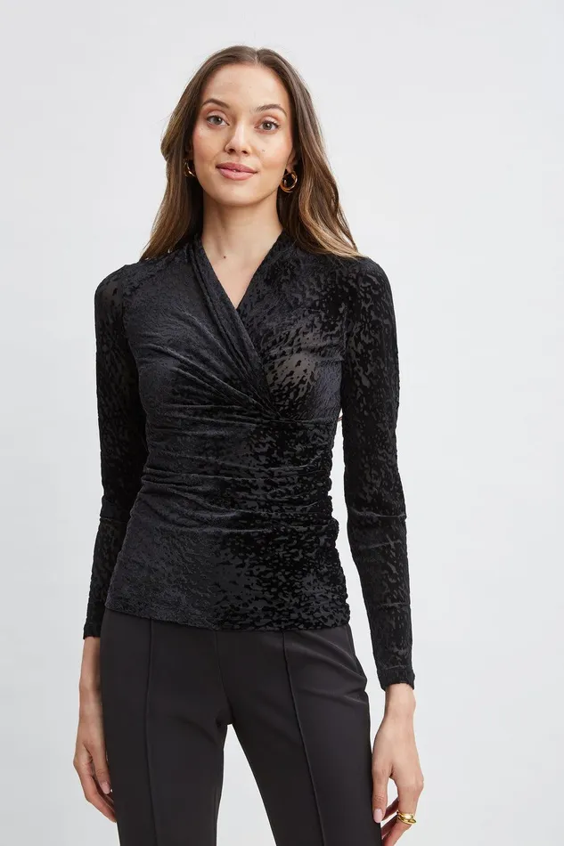 Elie Tahari Burnout Velvet Ruched Knit Black Women Tops