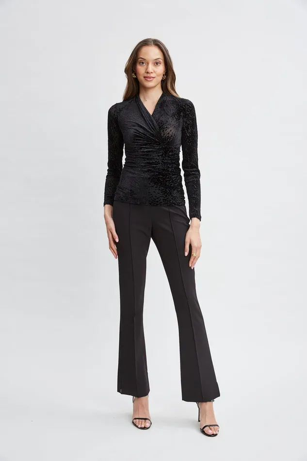 Elie Tahari Burnout Velvet Ruched Knit Black Women Tops