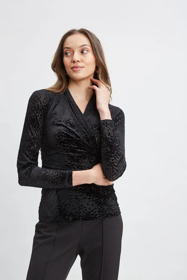 Elie Tahari Burnout Velvet Ruched Knit Black Women Tops