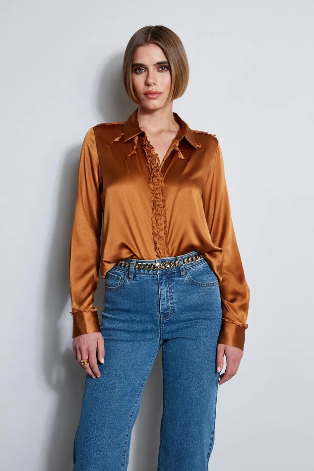 Elie Tahari Chiffon Ruffle Silk Satin Shirt Copper Women Tops