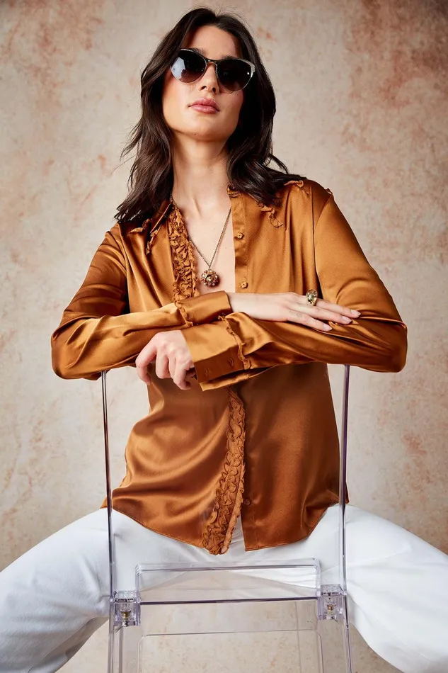 Elie Tahari Chiffon Ruffle Silk Satin Shirt Copper Women Tops
