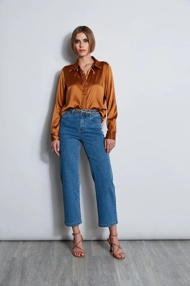 Elie Tahari Chiffon Ruffle Silk Satin Shirt Copper Women Tops