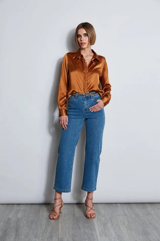 Elie Tahari Chiffon Ruffle Silk Satin Shirt Copper Women Tops