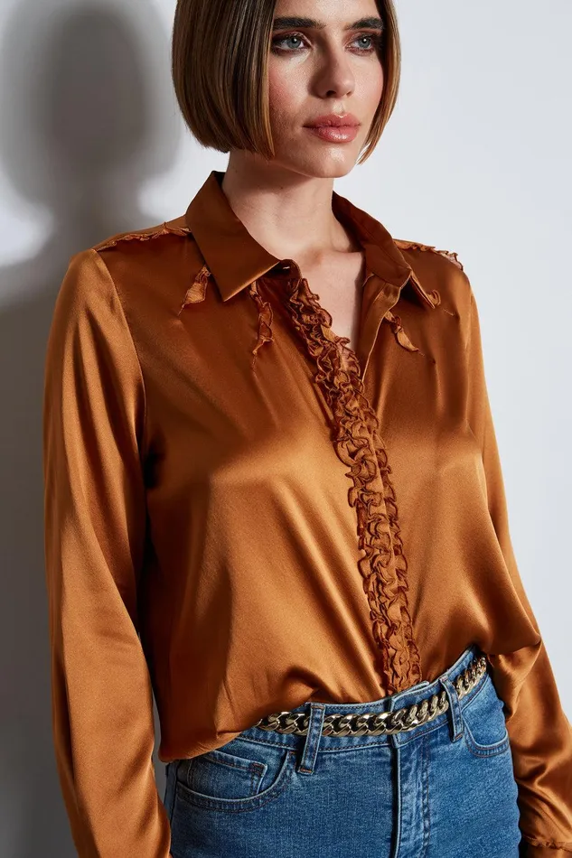 Elie Tahari Chiffon Ruffle Silk Satin Shirt Copper Women Tops