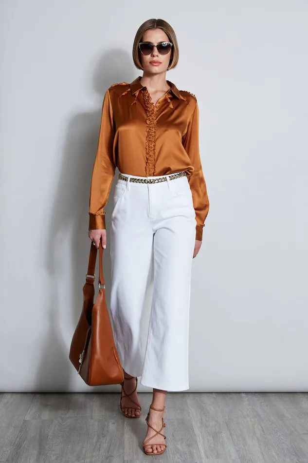 Elie Tahari Chiffon Ruffle Silk Satin Shirt Copper Women Tops