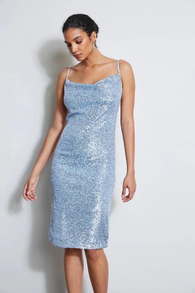 Elie Tahari Cowl Neck Sequin Dress Crystal Blue Women Dresses and Jumpsuits