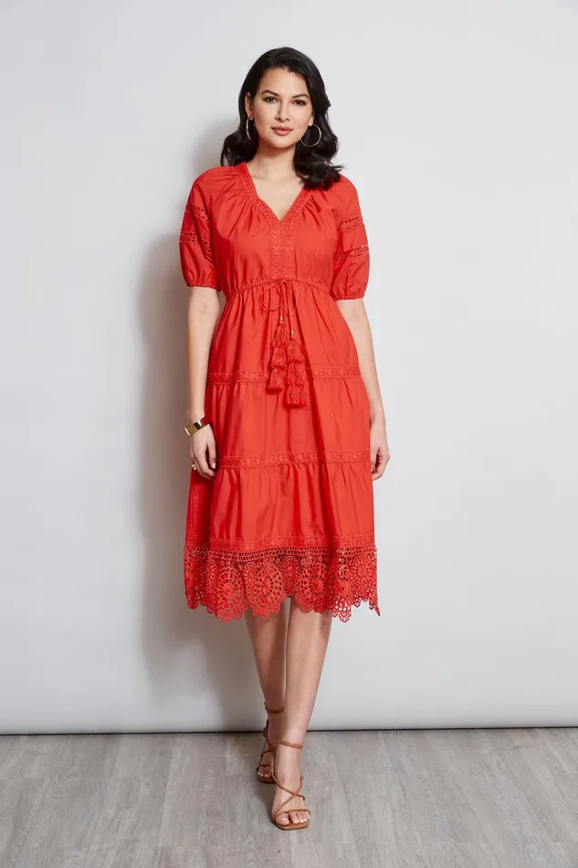 Elie Tahari Embroidered Short Sleeve Dress Cayenne Women Dresses and Jumpsuits