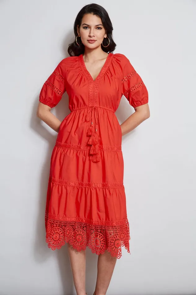 Elie Tahari Embroidered Short Sleeve Dress Cayenne Women Dresses and Jumpsuits