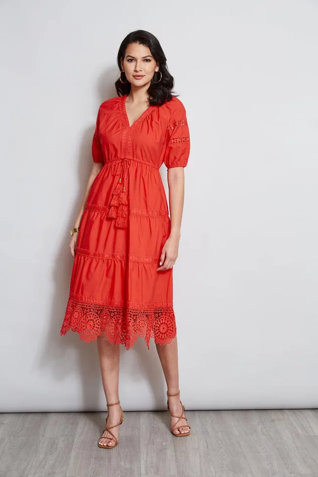 Elie Tahari Embroidered Short Sleeve Dress Cayenne Women Dresses and Jumpsuits