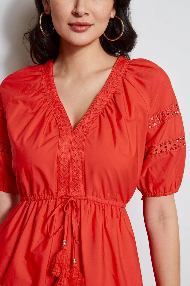 Elie Tahari Embroidered Short Sleeve Dress Cayenne Women Dresses and Jumpsuits