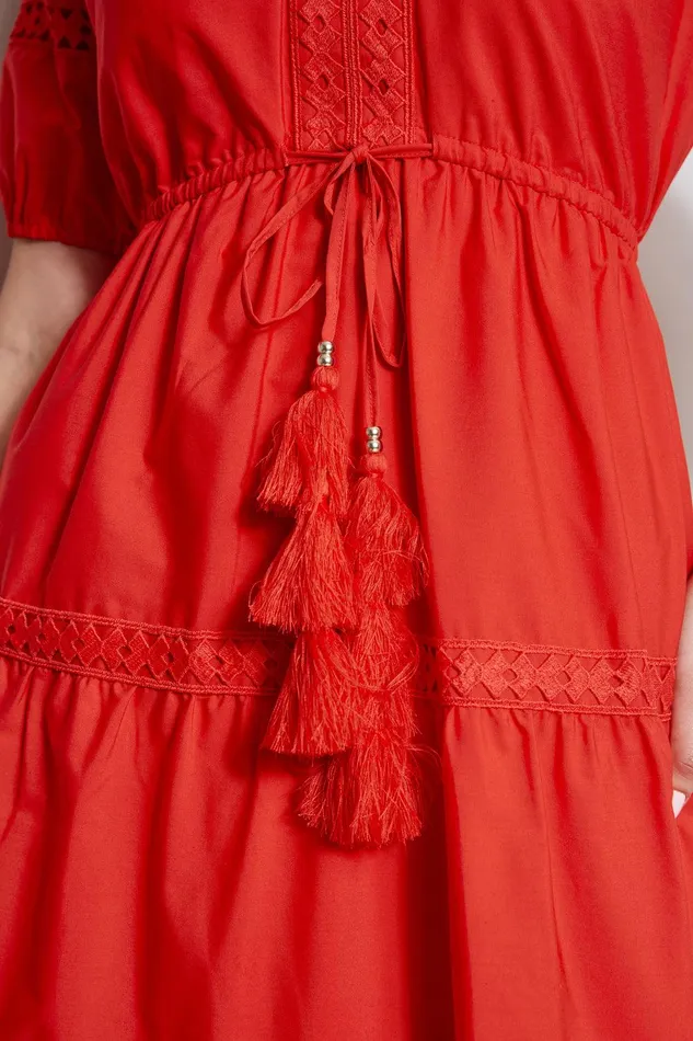 Elie Tahari Embroidered Short Sleeve Dress Cayenne Women Dresses and Jumpsuits