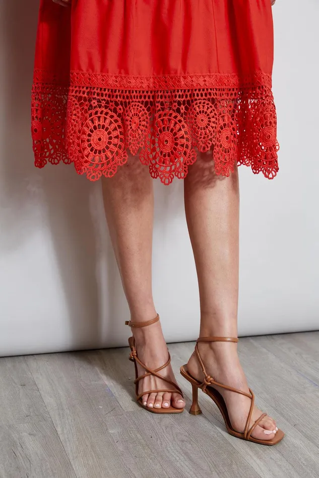Elie Tahari Embroidered Short Sleeve Dress Cayenne Women Dresses and Jumpsuits