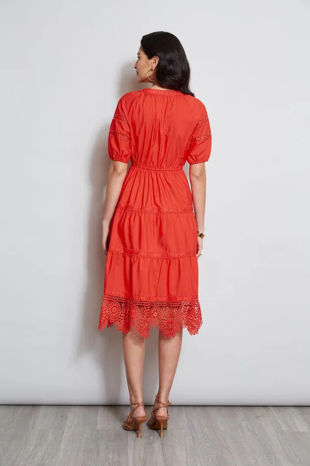 Elie Tahari Embroidered Short Sleeve Dress Cayenne Women Dresses and Jumpsuits