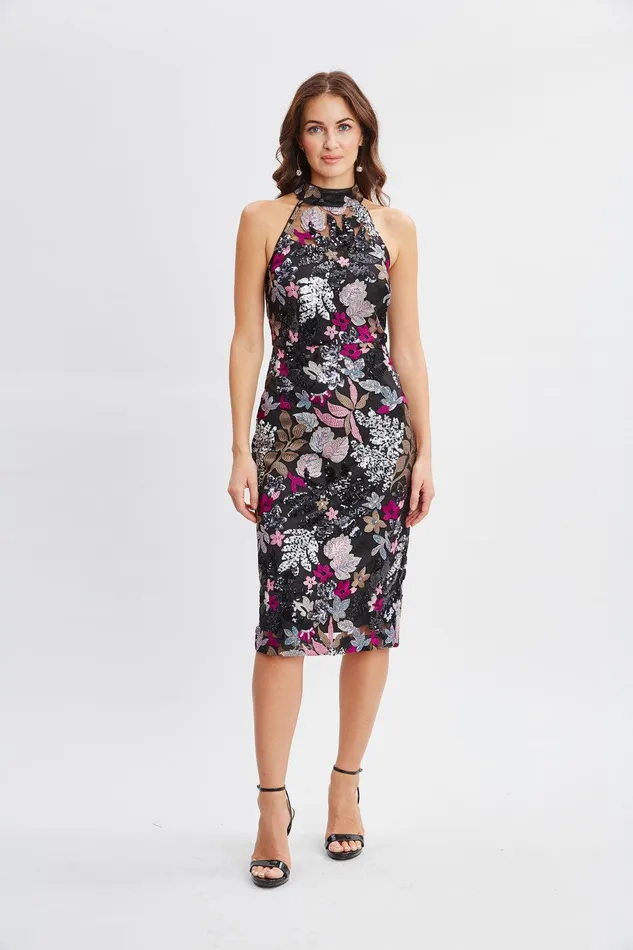 Elie Tahari Floral Sequin Halter Dress Black With Multi Color Florals Women Dresses and Jumpsuits