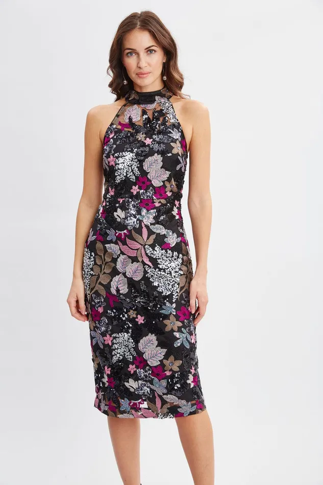 Elie Tahari Floral Sequin Halter Dress Black With Multi Color Florals Women Dresses and Jumpsuits