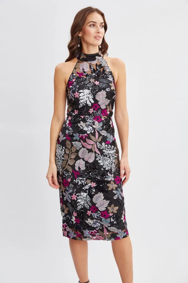 Elie Tahari Floral Sequin Halter Dress Black With Multi Color Florals Women Dresses and Jumpsuits