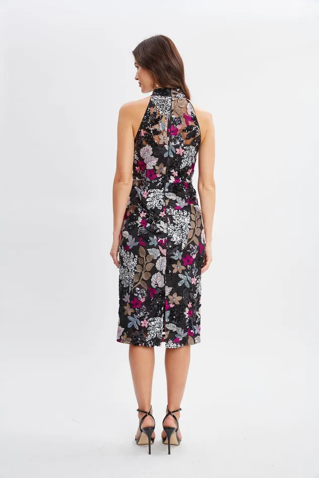 Elie Tahari Floral Sequin Halter Dress Black With Multi Color Florals Women Dresses and Jumpsuits
