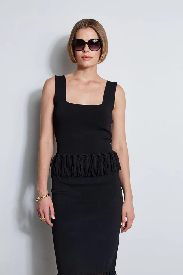 Elie Tahari Fringe Hem Knit Top Noir Women Tops