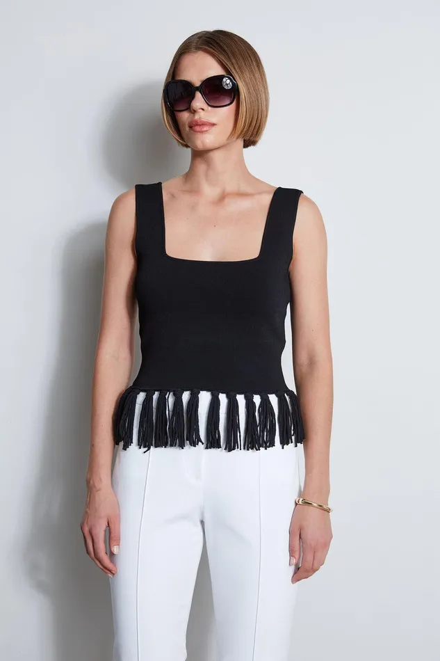Elie Tahari Fringe Hem Knit Top Noir Women Tops