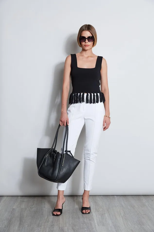 Elie Tahari Fringe Hem Knit Top Noir Women Tops