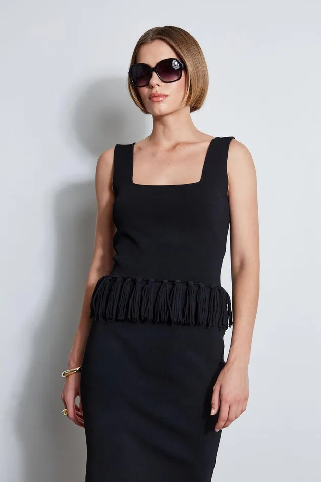 Elie Tahari Fringe Hem Knit Top Noir Women Tops