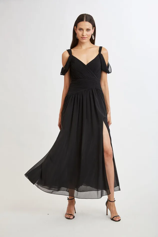 Elie Tahari Georgette Cold Shoulder Gown Black Women Dresses and Jumpsuits
