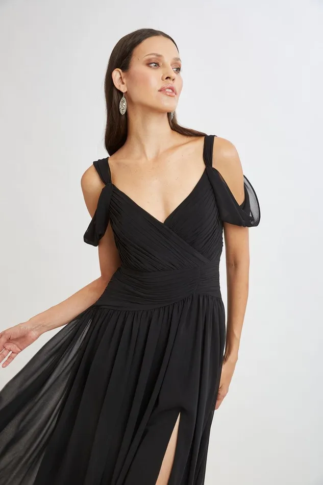 Elie Tahari Georgette Cold Shoulder Gown Black Women Dresses and Jumpsuits