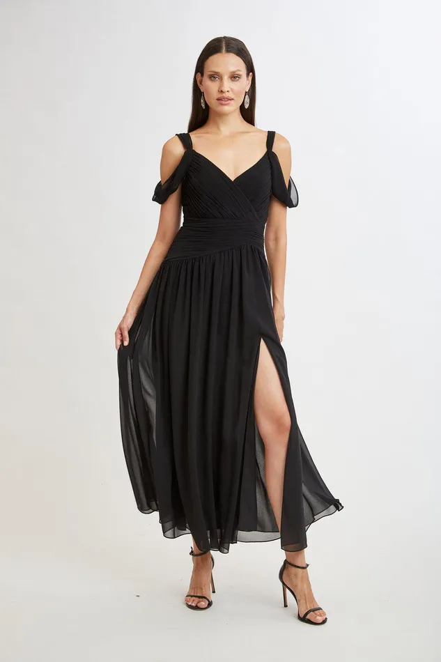 Elie Tahari Georgette Cold Shoulder Gown Black Women Dresses and Jumpsuits