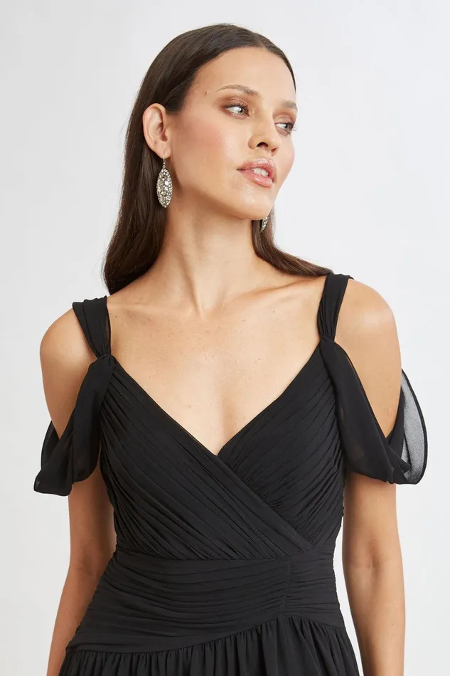 Elie Tahari Georgette Cold Shoulder Gown Black Women Dresses and Jumpsuits