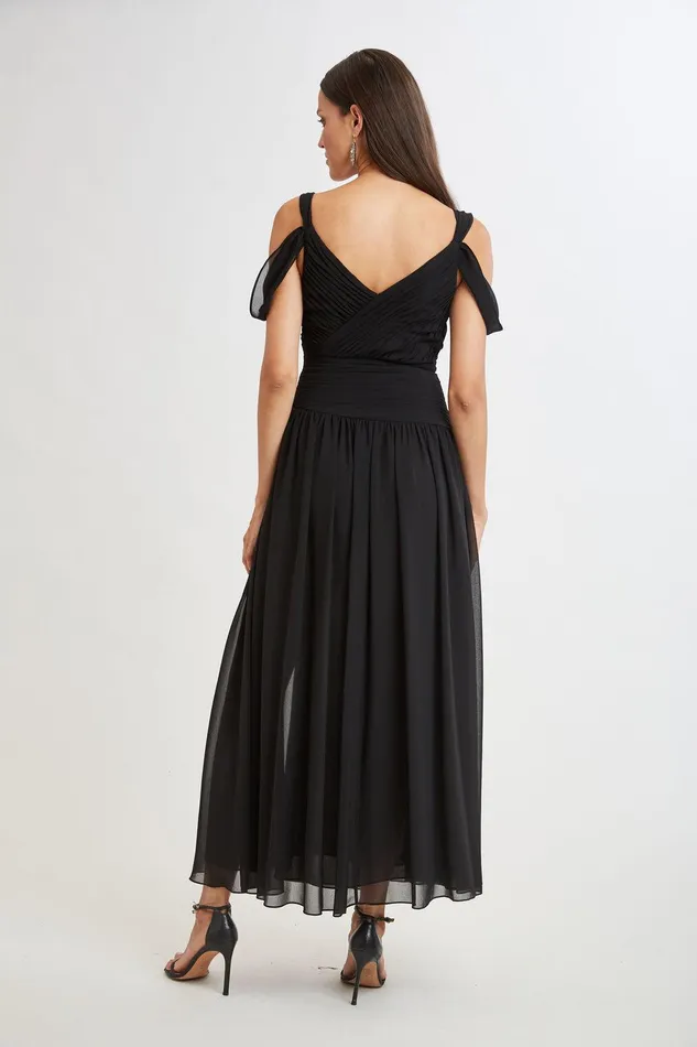 Elie Tahari Georgette Cold Shoulder Gown Black Women Dresses and Jumpsuits