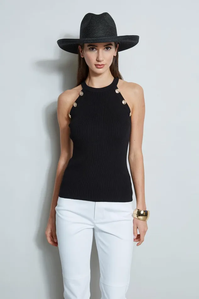 Elie Tahari Halter Button Rib Tank Noir Women Tops